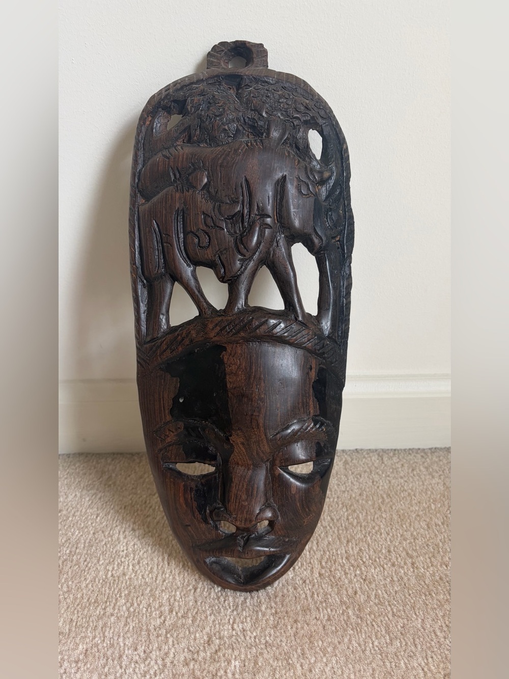Gorgeous Small Hand Carved African Wood Mask Wall Hanging with Rhinoceros